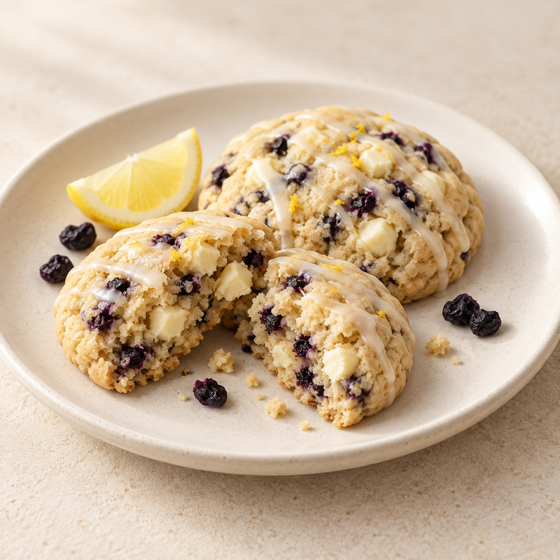 AI-generated concept of lemon blueberry cookies with white chocolate; not a photograph of a tested recipe.