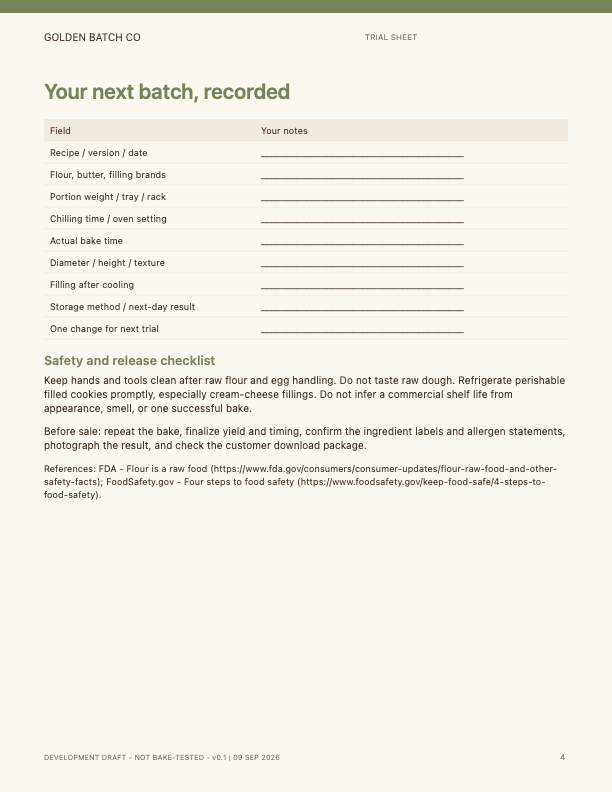 Page 4: printable bake-trial record sheet