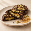 AI-generated concept of Dubai-inspired chocolate cookies with pistachio and kataifi filling; not a photograph of a tested recipe.