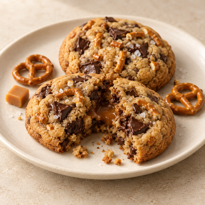 AI-generated concept of salted caramel pretzel cookies; not a photograph of a tested recipe.