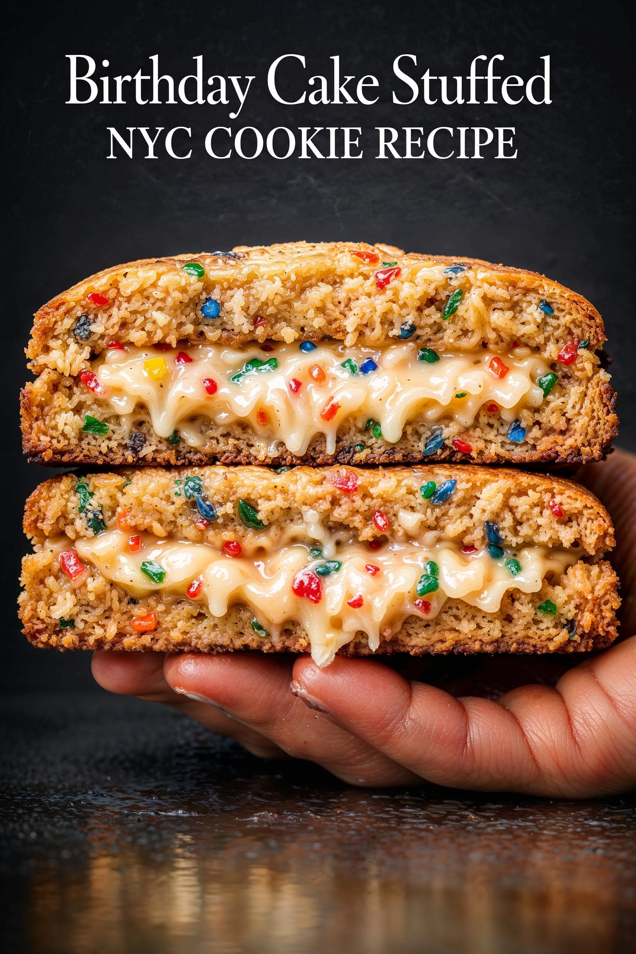 Birthday Cake Stuffed NYC-style cookie digital recipe cover