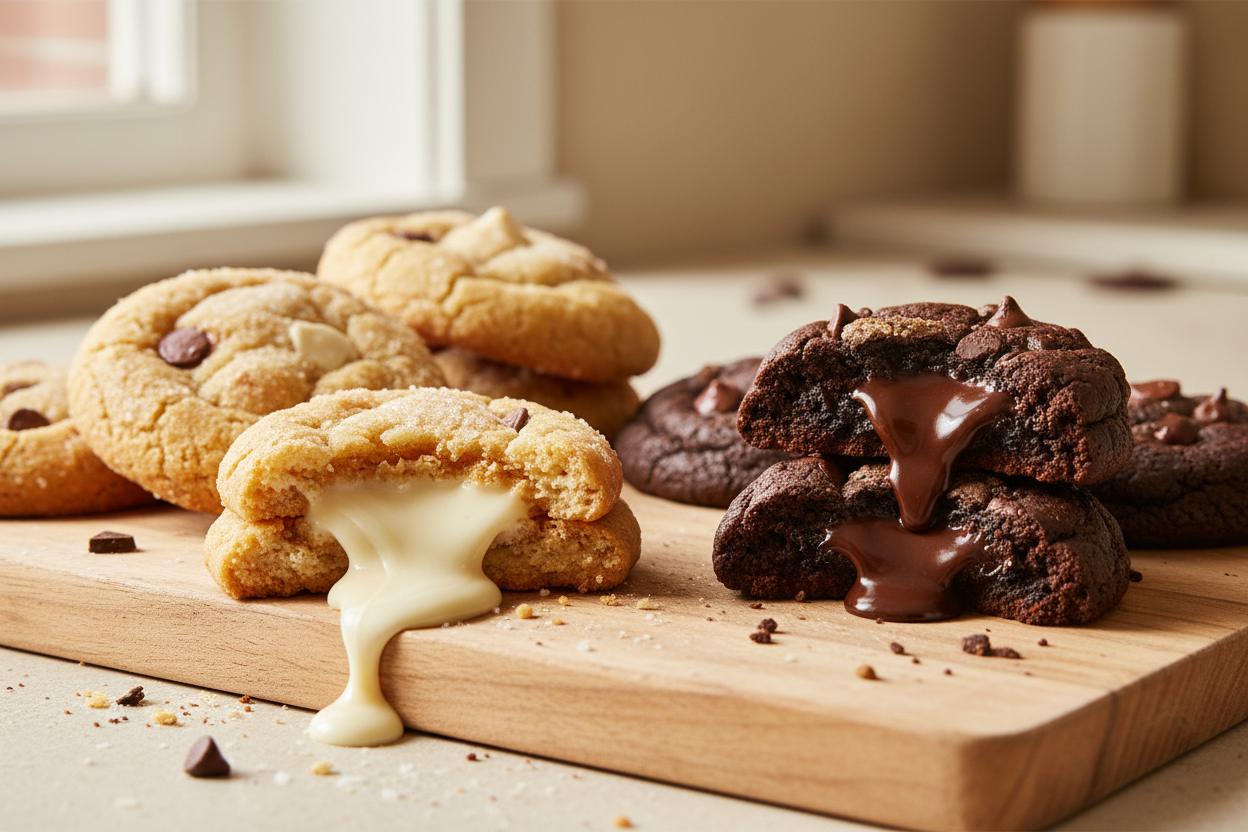 White and dark chocolate cookies on wooden board